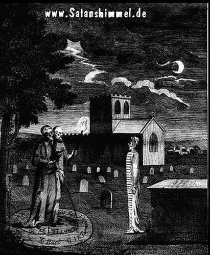 Dee und das Necronomicon: Geisterbeschwörung auf dem Friedhof (Kupferstich um 1790)