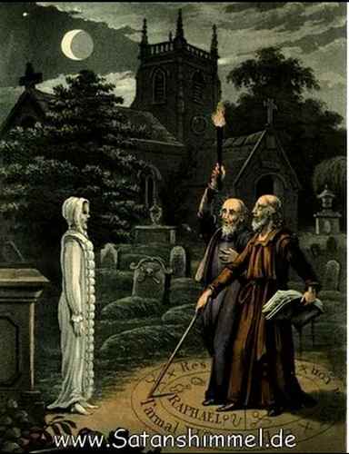 Die Magier Edward Kelly  und John Dee bei der Totenbeschwörung.