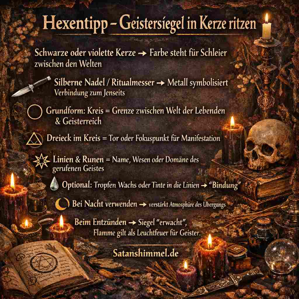 Geistersiegel in der Kerzenmagie dienen dazu, eine symbolische Verbindung zwischen der materiellen Flamme und der geistigen Ebene herzustellen, wodurch die Intention fokussiert und die Manifestation eines gewünschten Einflusses energetisch unterstützt werden soll.