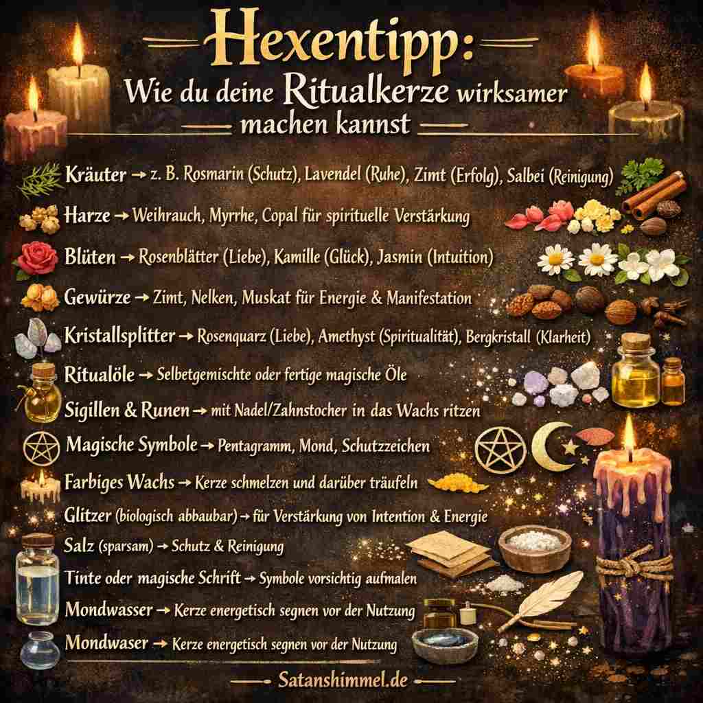 Du verstärkst deine Ritualkerze, indem du sie passend zu deiner Absicht mit Symbolen, Kräutern oder Öl gestaltest und dich dabei fokussierst.