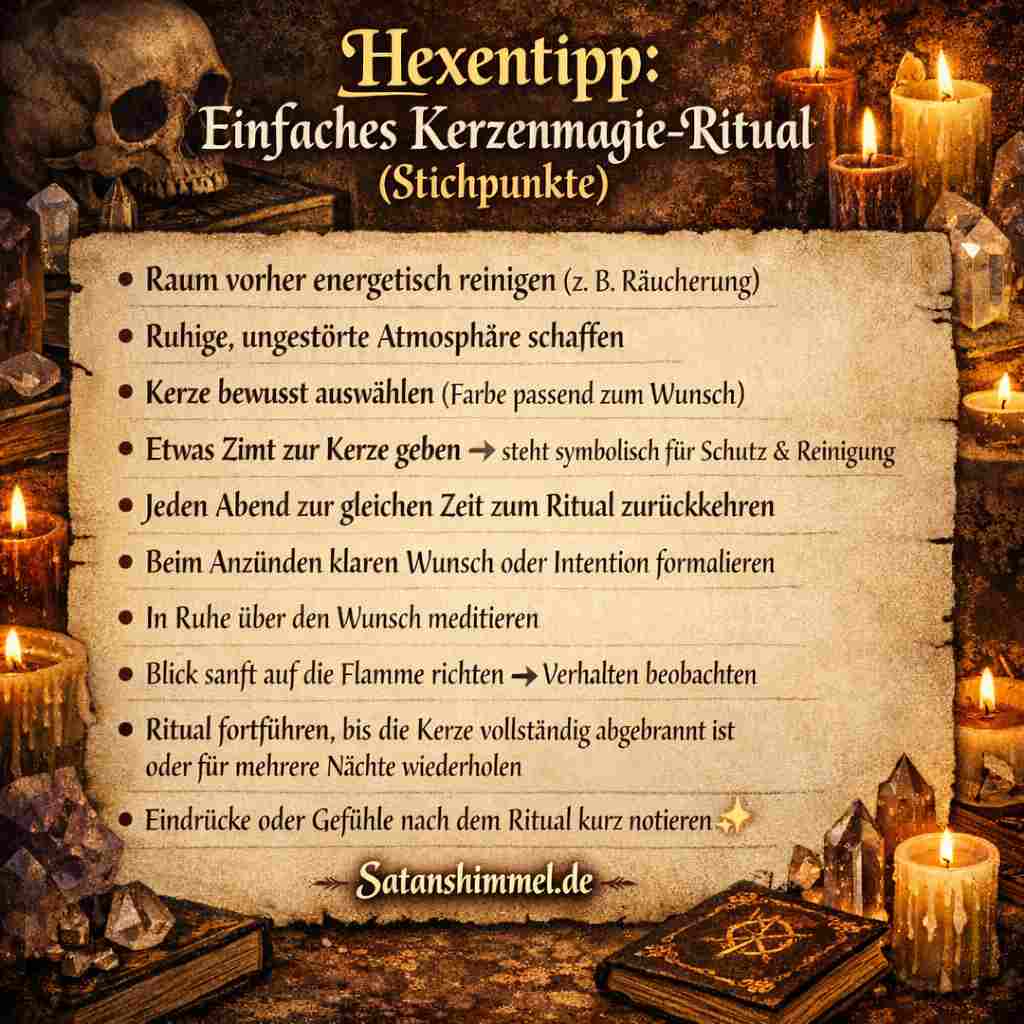 Kerzenmagie ist in der Hexerei ein Ritual, bei dem durch das bewusste Anzünden einer Kerze eine klare Intention oder ein Wunsch energetisch fokussiert und symbolisch ins Universum gesendet wird.