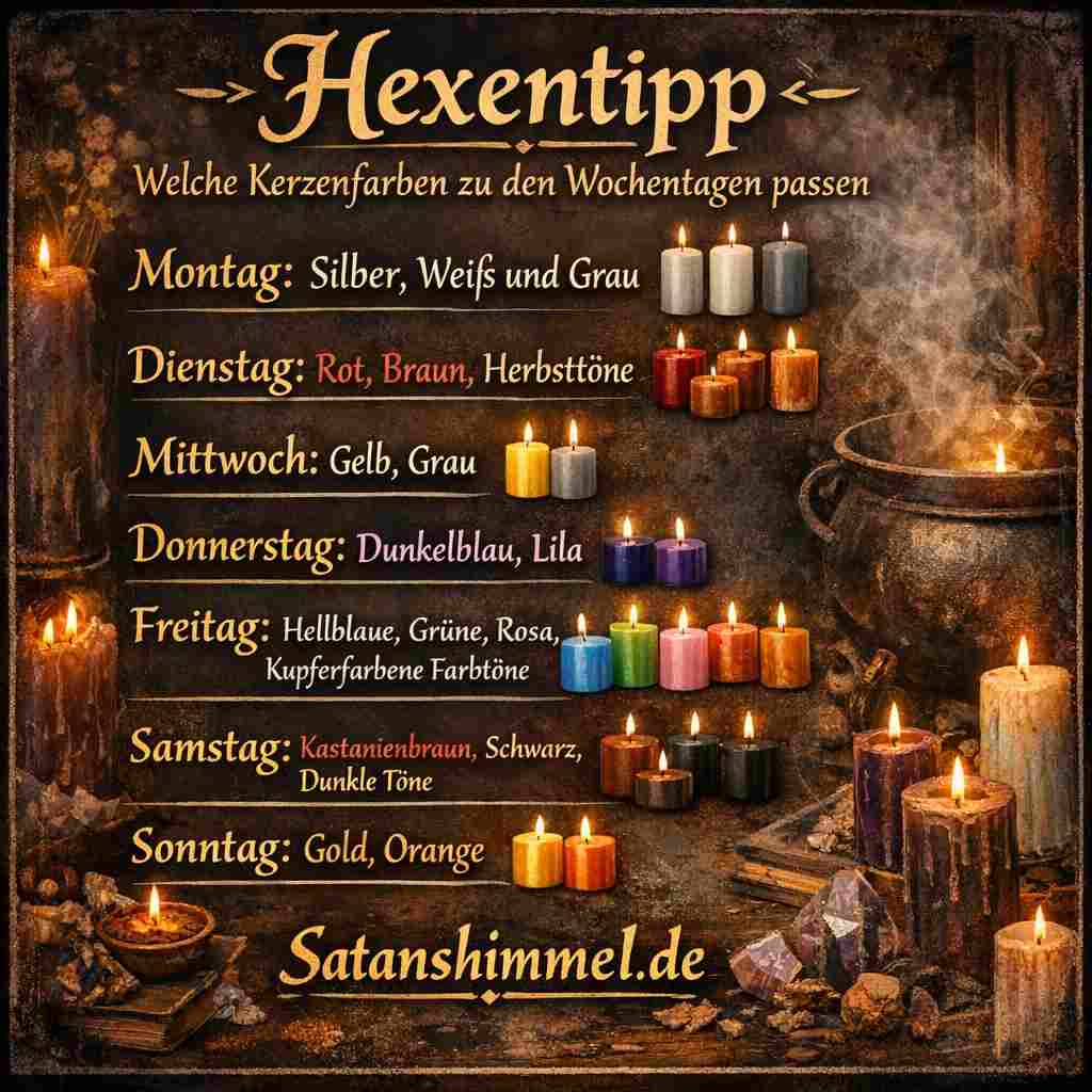 In der Hexerei werden Kerzenfarben den Wochentagen zugeordnet, weil jeder Tag mit bestimmten planetaren Kräften, Energien und magischen Wirkungen verbunden ist.