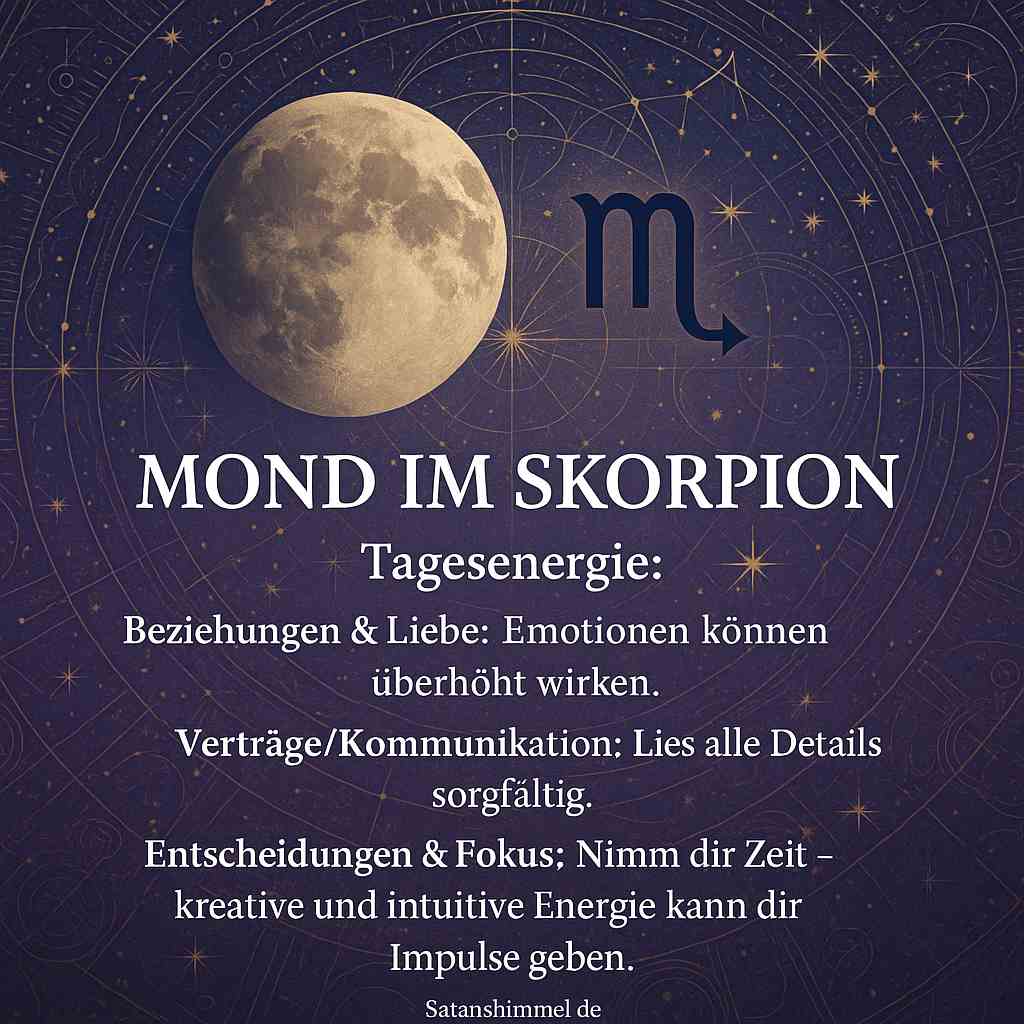 Der Mond im Skorpion verstärkt je nach Mondphase unsere Verbindung zu Transformation, tiefer Emotion und okkulter Magie – ideal zum Loslassen beim abnehmenden Mond und für kraftvolle Neuanfänge beim Neumond.