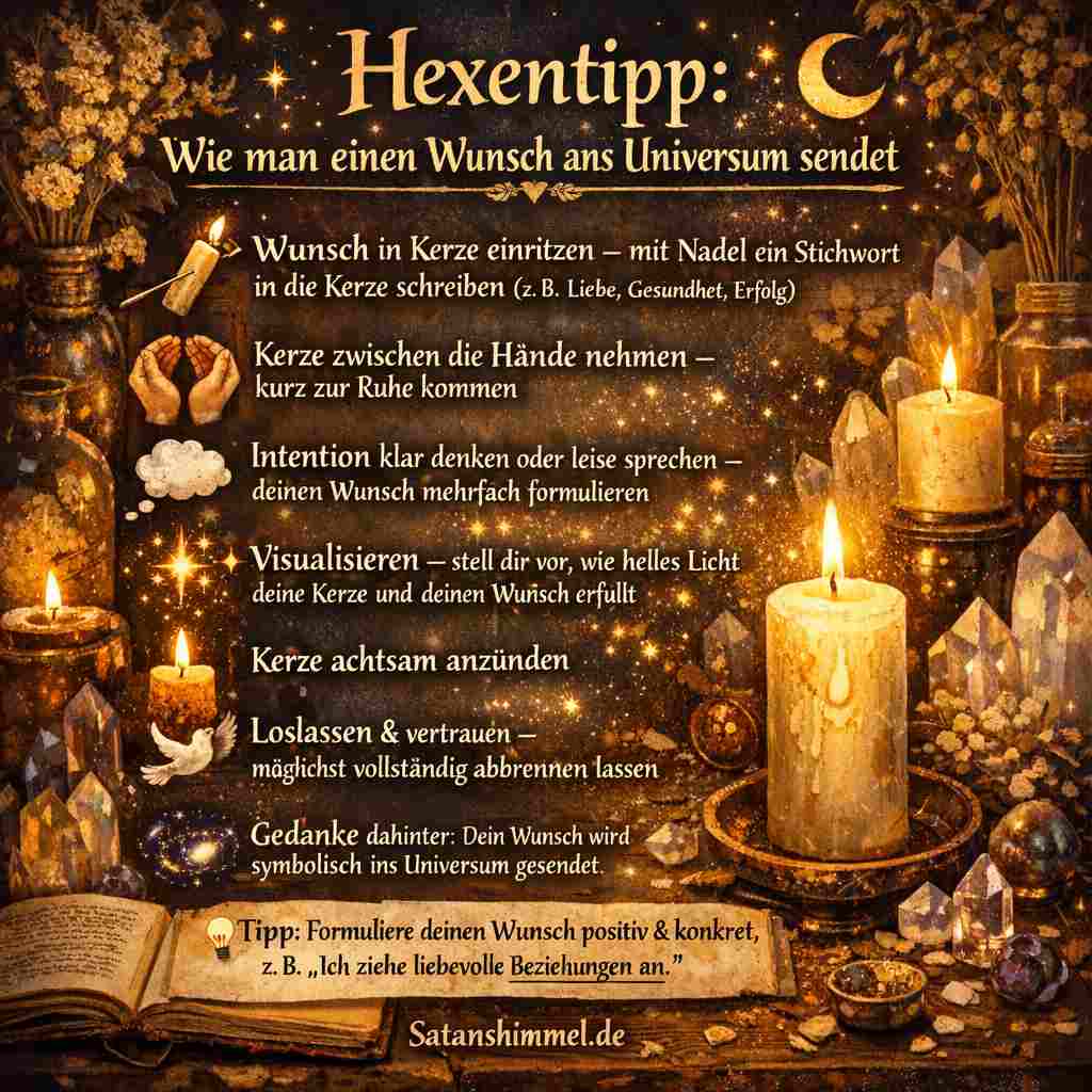 Du richtest deine Aufmerksamkeit bewusst auf deinen Wunsch, verbindest ihn symbolisch mit der Kerze und lässt ihn durch Intention, Visualisierung und Vertrauen „energetisch“ ins Universum los.