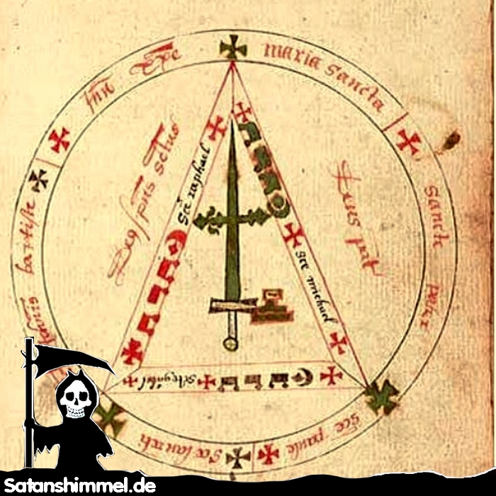 Schutzkreis mit darauf eingeschriebenen Zaubersprüchen (altes Magie-Buch, um 1500).