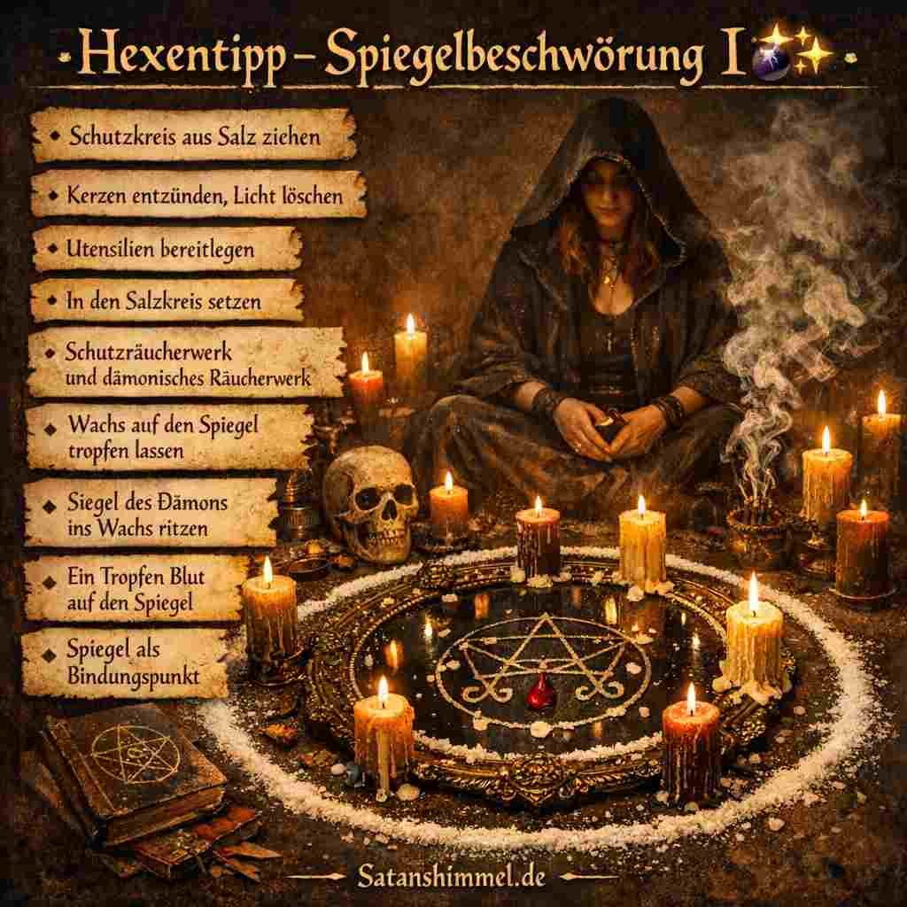 In der Hexerei gilt der Spiegel als magisches Werkzeug der Divination und Beschwörung, das als symbolisches Portal dient, während Schutzkreis, Siegel und Ritualhandlungen die Energie bündeln und die Verbindung zu spirituellen Wesen herstell