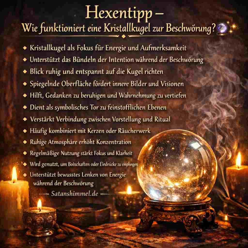 Eine Kristallkugel wird bei einer Beschwörung als visueller Fokus genutzt, um Aufmerksamkeit zu bündeln, innere Bilder anzuregen und die eigene Intention klarer auf das Ritual auszurichten.