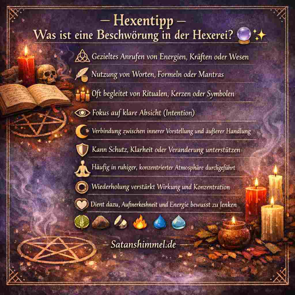 Eine Beschwörung ist das bewusste Anrufen oder Fokussieren von Energien, Kräften oder Symbolen mithilfe von Worten, Ritualen und klarer Intention, um Veränderung oder Unterstützung zu bewirken.