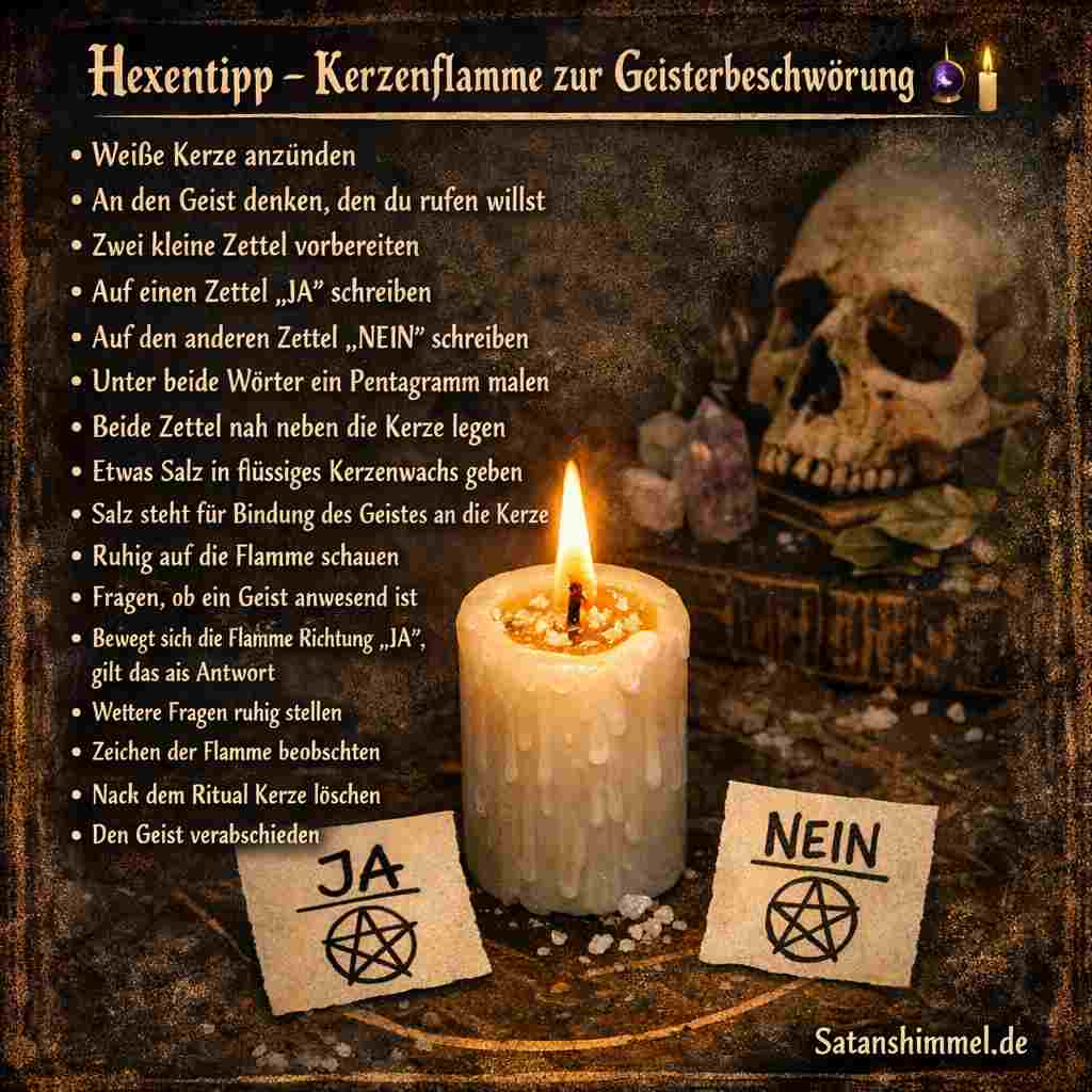 Man beschwört einen Dämon, indem man eine weiße Kerze entzündet, sich intensiv auf die Flamme konzentriert, den Dämon gedanklich ruft und die Bewegung der Flamme als Zeichen seiner Anwesenheit deutet.
