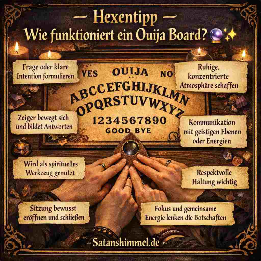 Ein Ouija Board ist ein spirituelles Brett mit Buchstaben, Zahlen und Symbolen, das zur Kommunikation mit geistigen Ebenen oder Energien genutzt wird. Dabei legen mehrere Personen ihre Finger auf den Zeiger (Planchette), der sich über das Brett bewegt und Botschaften durch das Bilden von Wörtern übermittelt.