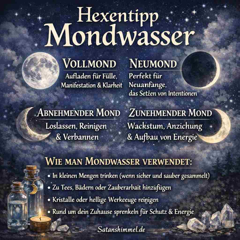 Mondwasser wird im Mondlicht aufgeladen und trägt je nach Mondphase unterschiedliche Energien, die für Manifestation, Neuanfänge, Wachstum oder Reinigung genutzt werden können.