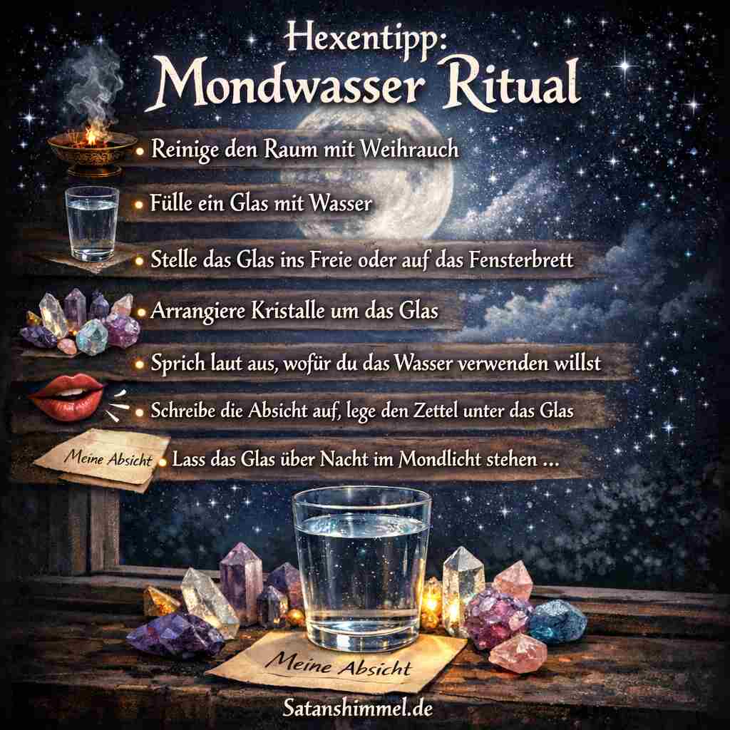 Beim Mondwasser-Ritual wird Wasser über Nacht im Mondlicht aufgeladen, um es anschließend bewusst für Reinigung, Schutz oder die Verstärkung persönlicher Absichten zu verwenden.