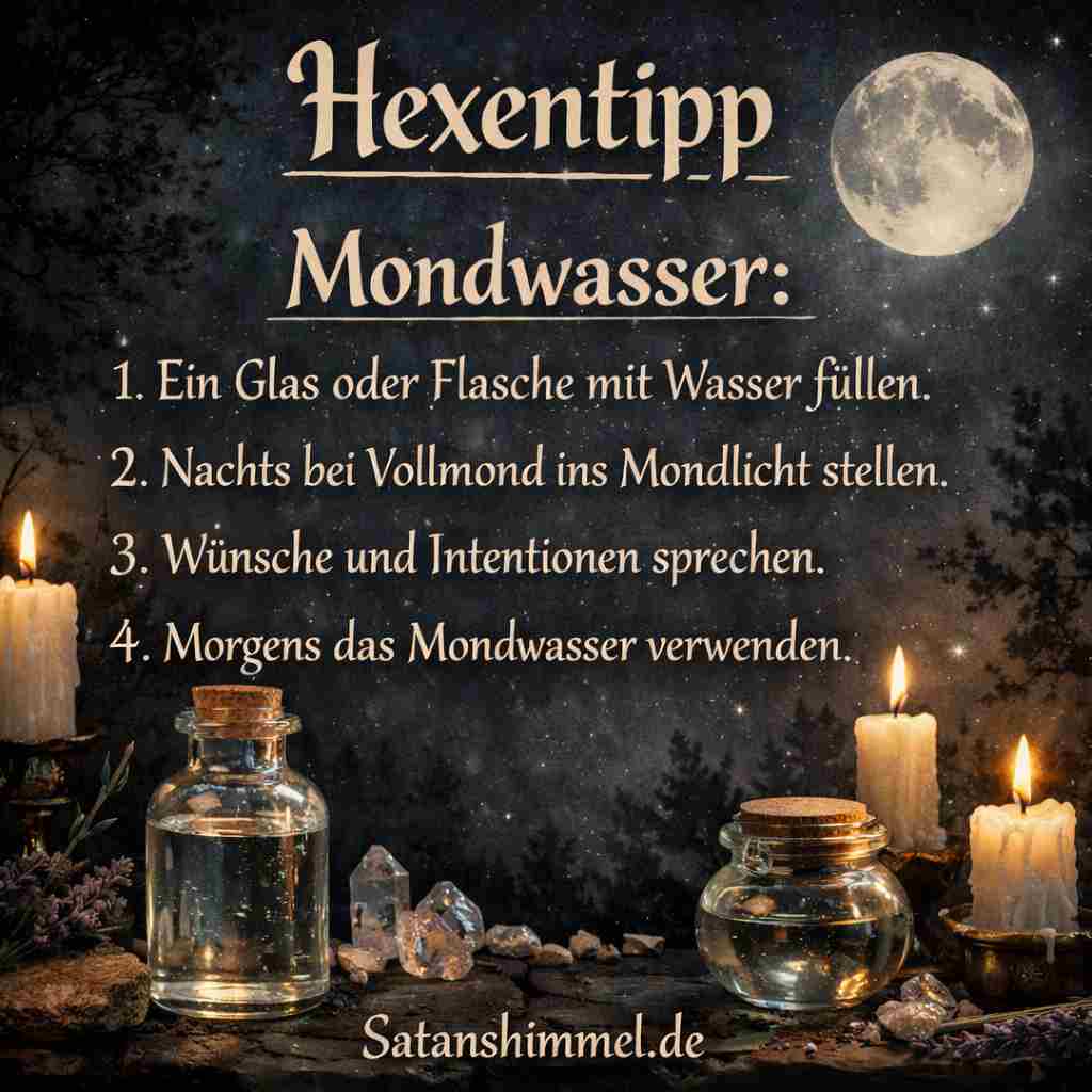 Mondwasser ist in der Hexerei energetisch aufgeladenes Wasser, das durch das Licht des Mondes mit seiner spirituellen Kraft für Rituale, Schutz, Heilung oder Manifestationen genutzt wird.