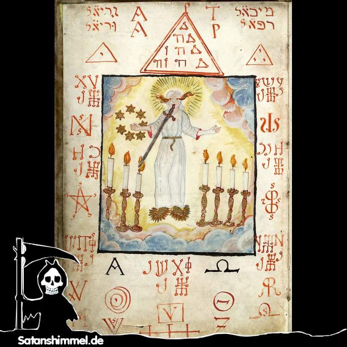 Der Erzengel Metatron, umgeben von magischen Symbolen, Zeichen und Siegeln (Magie-Buch, 18. Jhd.). Er ist der Engel der Wahrheit.