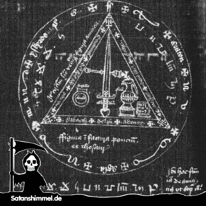 Eine Seite aus einem alten Magie-Buch 15. Jahrhundert). Man sieht einen Schutzkreis für den Magier mit verschiedenen geheimen Zeichen und Symbolen.
