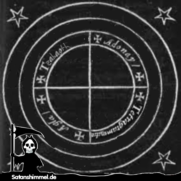 Beschriftetes Pentakel mit markierten Himmelsrichtungen: Der magische Kreis aus dem "Liber incantationum, exorcismorum et fascinationum variarum" enthält heilige Namen, die jeweils am Rand geschrieben stehen.