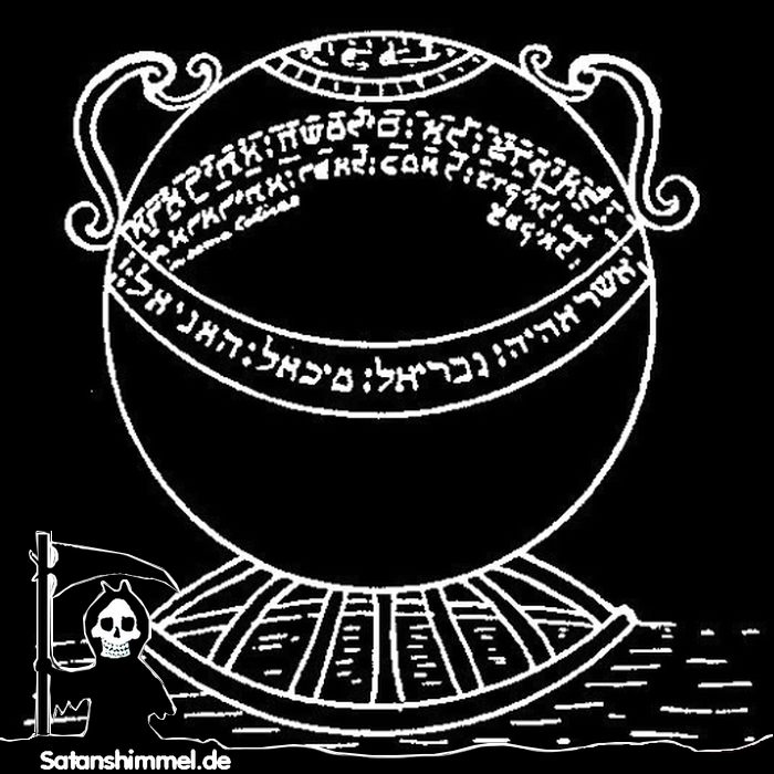 Abbildung: Der Bronzekessel von König Solomon, in den er Geister band, darauf zu sehen sind Okkultismus Symbole.