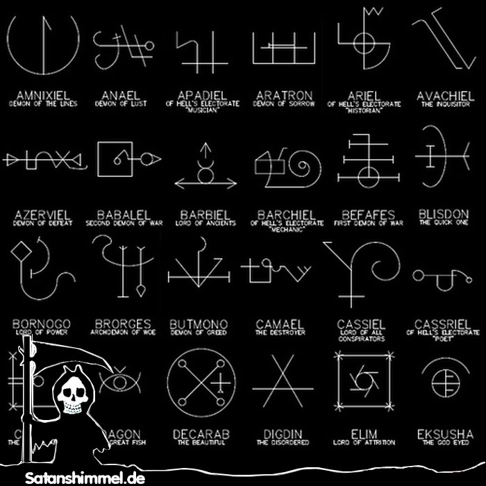 Liste von verschiedenen Geistern und Dämonen mit ihren Siegeln (geheime Zeichen zur Beschwörung).