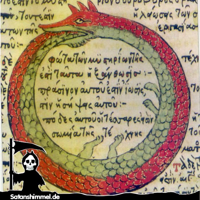 Die Ouroboros Schlange ist eines der ältesten Symbole der Alchemie (Theodoros Pelecanos, 1478). In der Alchemie ist der Ouroboros das Symbol eines in sich geschlossenen und wiederholt ablaufenden Wandlungsprozesses der Materie.