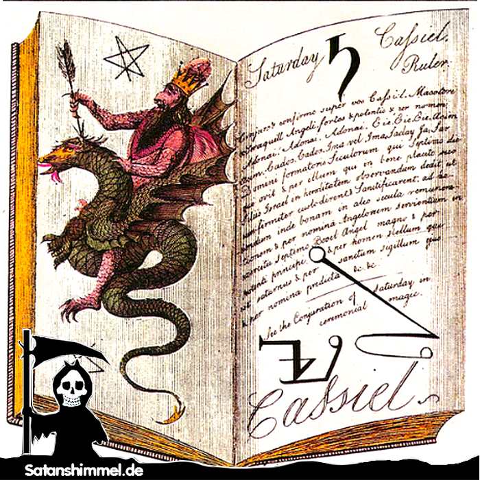 Auf der linken Seite des Magie-Buches sieht man eine Abbildung von Cassiel. Auf der rechten Seite des Buches stehen die Zauberformeln, Zaubersprüche und geheime Zeichen und Siegel für die Beschwörung des Geistes. 