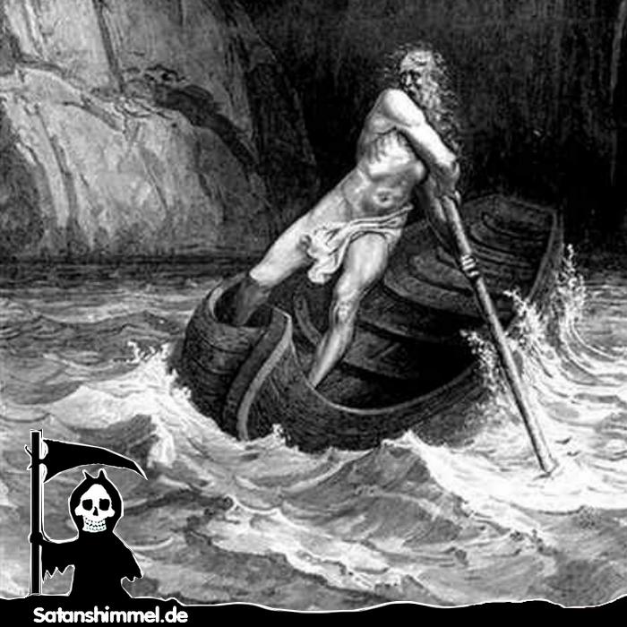 Charon, der Fährmann aus Dantes Göttlicher Komödie (Gutave Doré). In die Unterwelt gelangt man über ein Grenzwasser und wird in der Regel von einem Fährmann begleitet.