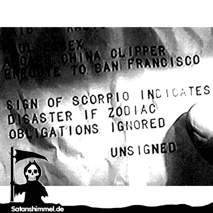 Telegramm mit Drohung vom Magier Dr. Zodiac ("Charlie Chan at Treasure Island", 1939).