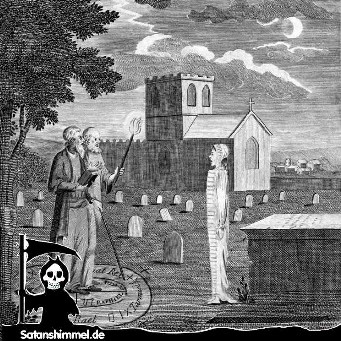 John Dee (rechts) und Edward Kelley bei der Geisterbeschwörung (Totenbeschwörung) auf dem Friedhof, Kupferstich um 1790. Auf dem magischen Schutzkreis sind die Namen der Engel Raphael, Rael, Miraton, Tarmiel und Rex zu erkennen. 