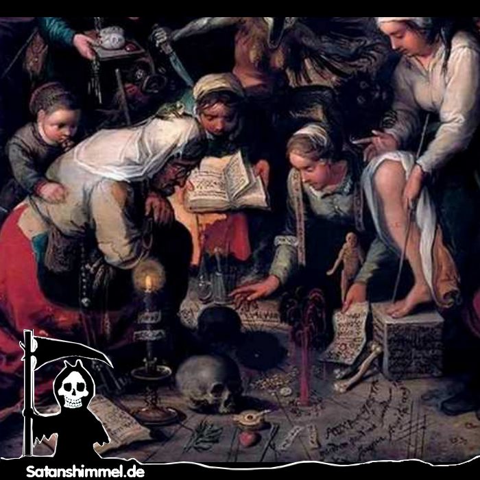 Hexensabbat (Frans Francken II, 1607). Das Bild zeigt Hexen bei magischen Ritualen. Man sieht den magischen Schutzkreis, Totenköpfe und  Magie-Bücher mit Zaubersprüchen.