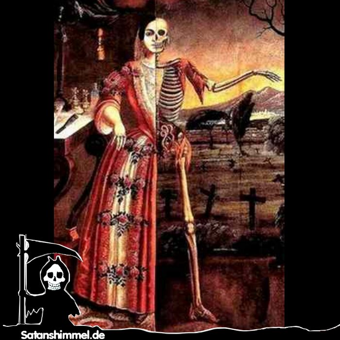 Allegorische Darstellung des Todes: Links im Bild eine schöne Frau, die rechte Seite zeigt ihr Skelett. Im Hintergrund sieht man einen Friedhof.