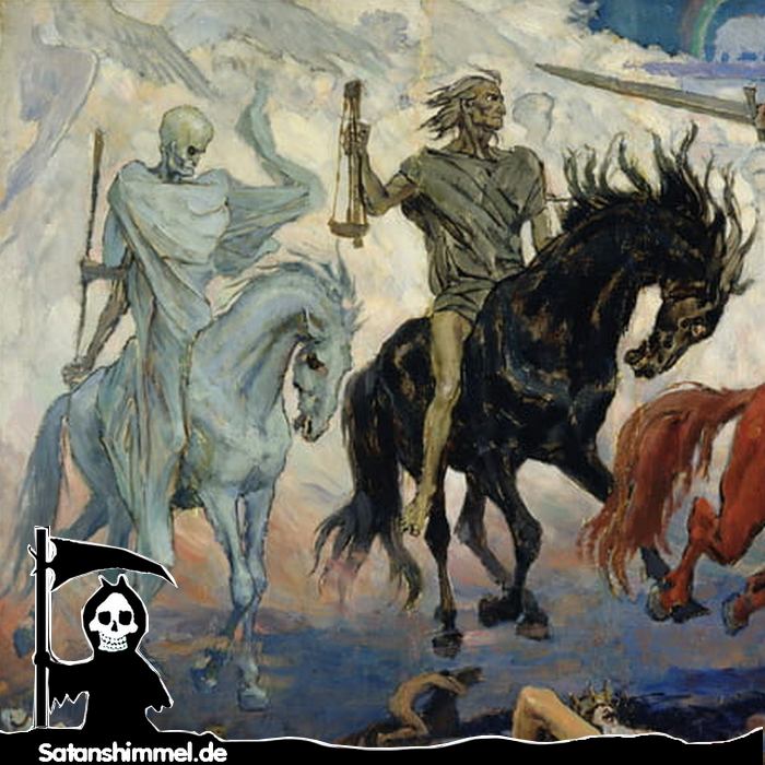 Apokalypse (Detail, Vasnetsov, 1887): Der 3. Reiter mit der Waage für Teuerung und Hungersnot und der 4. Reiter (symbolisiert Pest oder Tod).