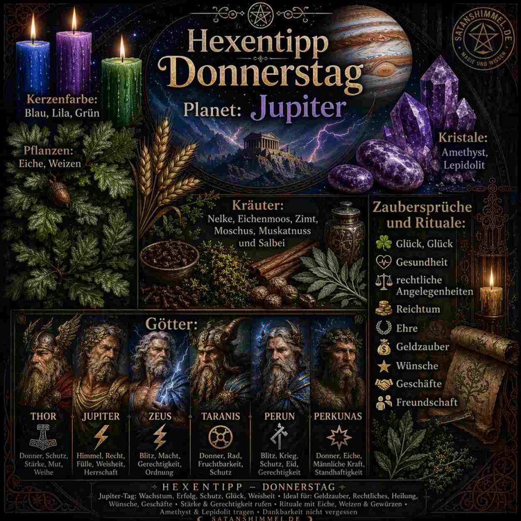 Donnerstag steht in der Hexerei unter der kraftvollen Energie Jupiters und eignet sich besonders für Rituale zu Erfolg, Wachstum, Schutz, Gerechtigkeit, Wohlstand und der Stärkung von Autorität und Selbstvertrauen.