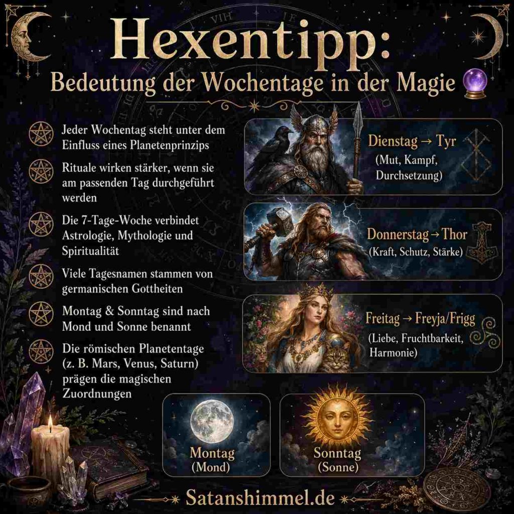 Nutze die Kraft der Planetenenergien und wähle den passenden Wochentag, um deine magischen Rituale gezielt zu verstärken.