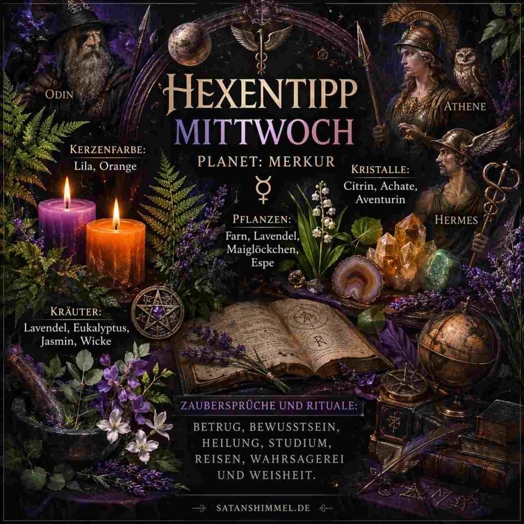 Mittwoch steht in der Hexerei unter dem Einfluss von Merkur und eignet sich besonders für Rituale rund um Kommunikation, Lernen, Reisen, Erkenntnis und geistige Klarheit.