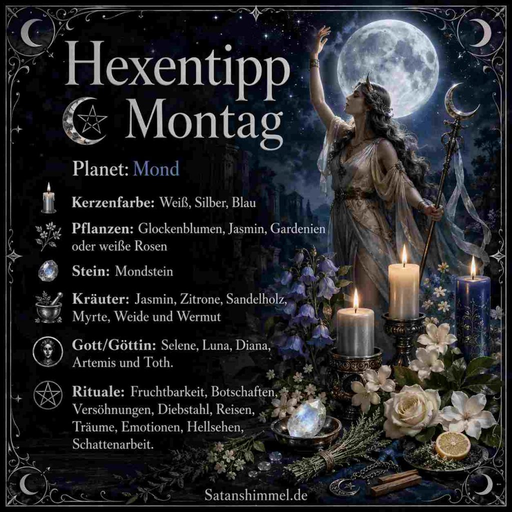 Montag steht in der Hexerei unter der Energie des Mondes und eignet sich besonders für Rituale rund um Intuition, Träume, Emotionen und innere Heilung.
