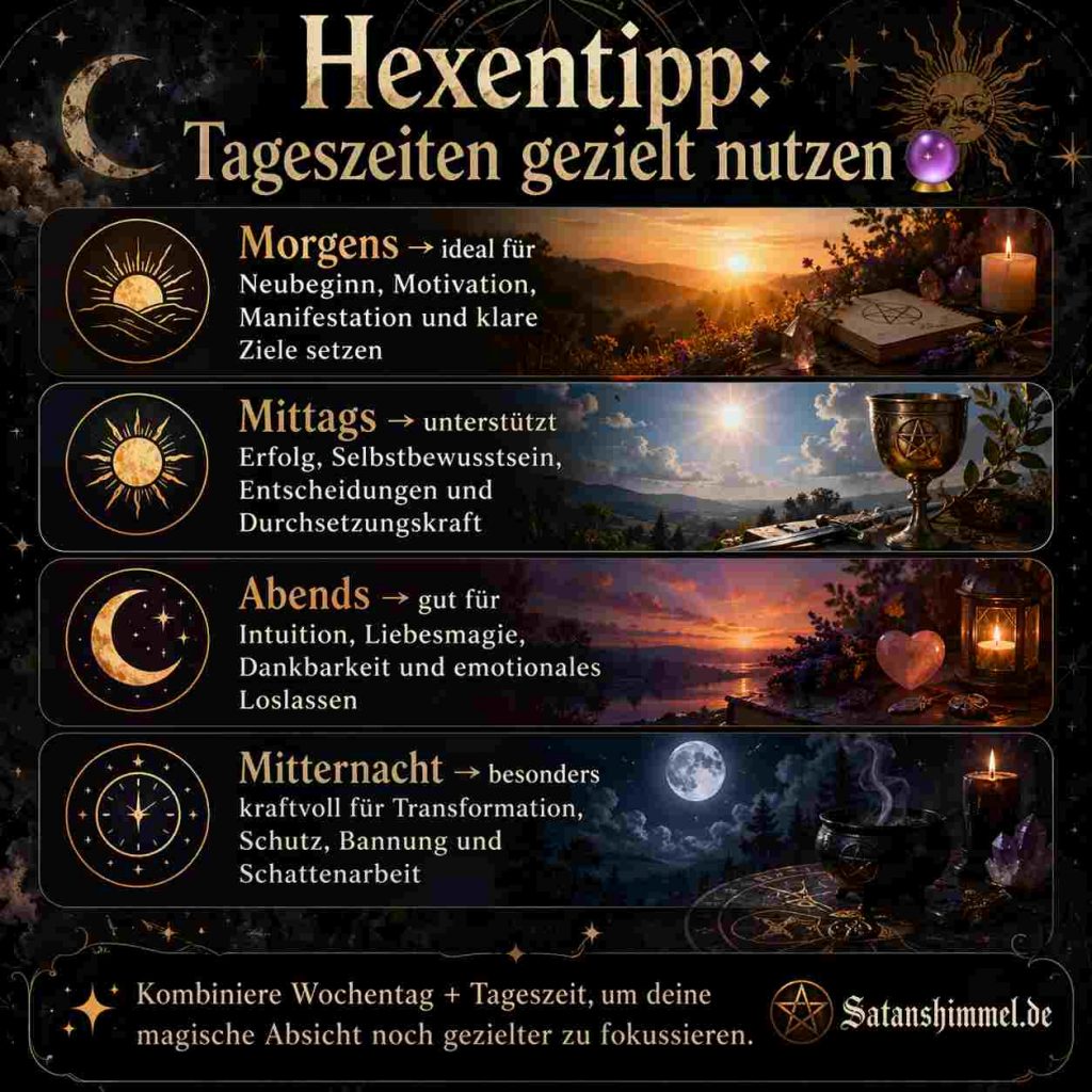 Die Tageszeiten tragen jeweils eigene energetische Qualitäten, die in der Hexerei genutzt werden, um Absichten wie Neubeginn am Morgen, Erfolg am Mittag, Intuition am Abend und Transformation um Mitternacht gezielt zu verstärken.