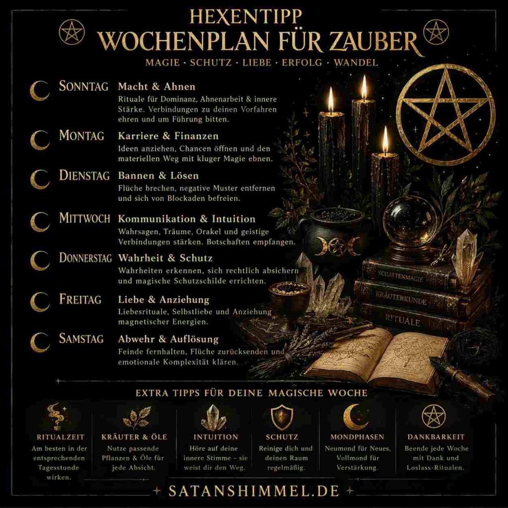 Der Hexentipp-Wochenplan hilft dir, deine Rituale, Schutzarbeit, Manifestation und spirituelle Entwicklung gezielt nach den energetischen Qualitäten jedes Tages auszurichten.