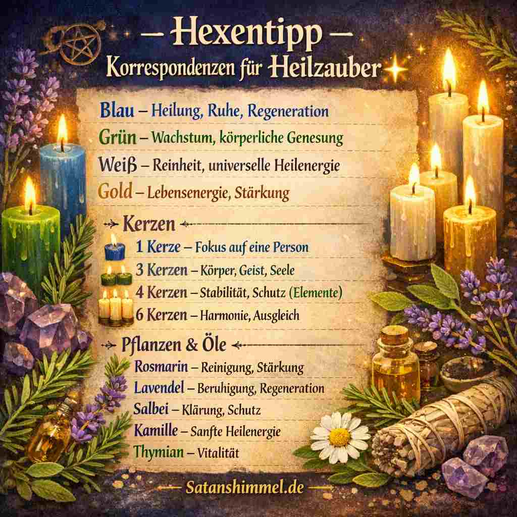 In der Hexerei werden bei Heilzaubern Korrespondenzen wie blaue oder weiße Farben, heilende Kräuter (z. B. Rosmarin, Salbei, Lavendel), passende Kristalle, die Himmelsrichtungen sowie der zunehmende Mond verwendet, um die Heilabsicht energetisch zu unterstützen und gezielt zu bündeln.