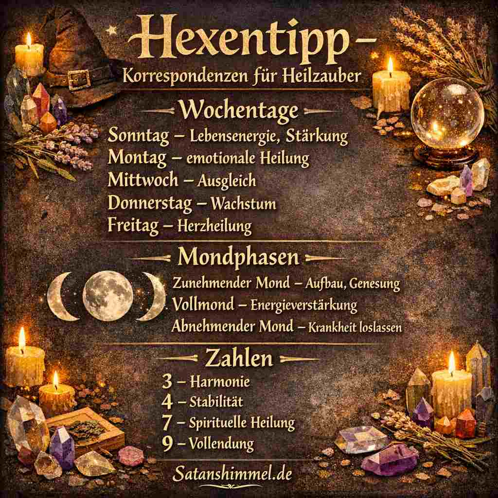 „Hexentipp – Korrespondenzen für Heilzauber“ zeigt übersichtlich, welche Wochentage, Mondphasen und Zahlen traditionell mit Heilung, Wachstum und spiritueller Stärkung verbunden werden.