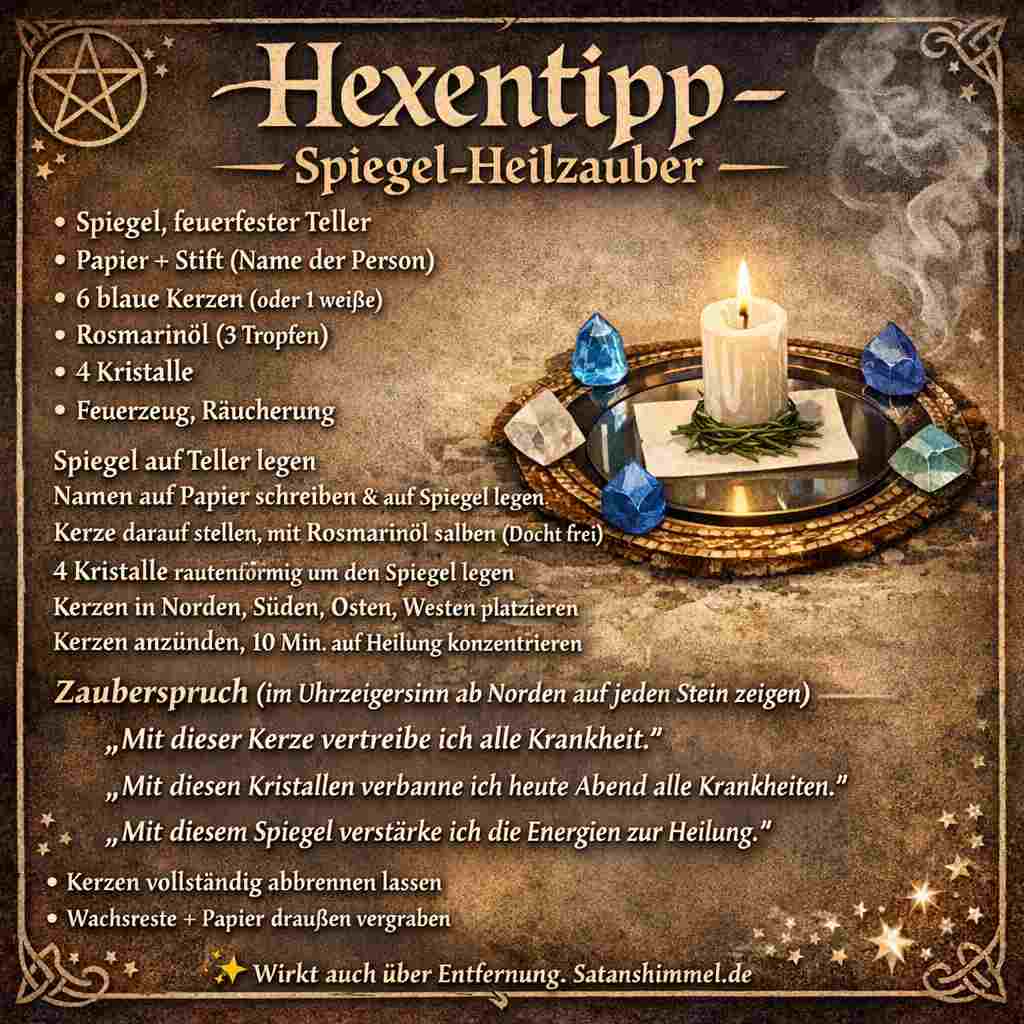 Der Spiegel-Heilzauber ist ein spirituelles Ritual, bei dem Kerzen, Kristalle und ein Spiegel symbolisch genutzt werden, um Heilenergie zu fokussieren und positive Veränderungen zu unterstützen.