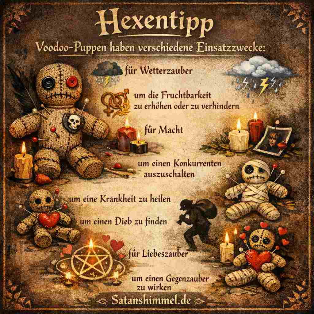 In der Hexerei werden Voodoo-Puppen symbolisch verwendet, um durch Rituale Einfluss auf Liebe, Schutz, Heilung, Macht oder Abwehr von negativen Energien zu nehmen.