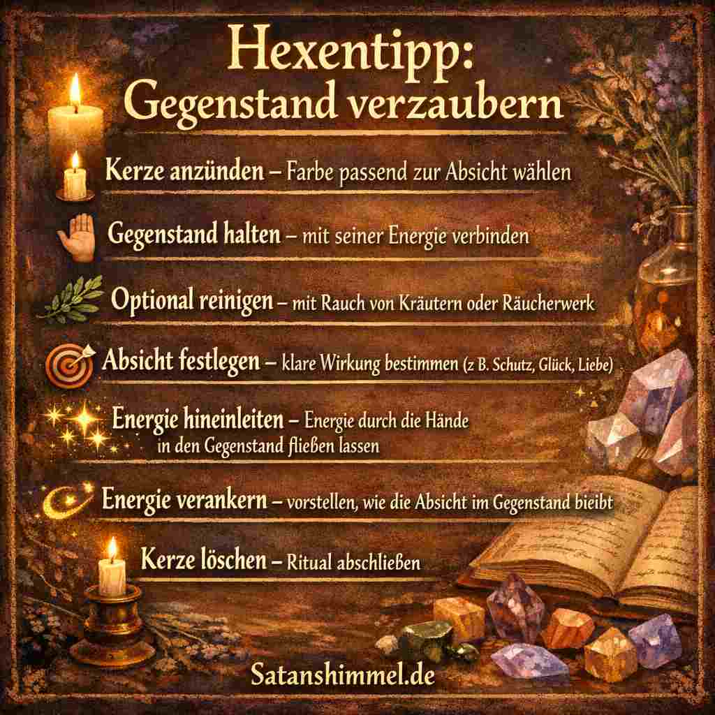 In der Hexerei bedeutet Objektverzauberung, einen Gegenstand bewusst mit deiner magischen Absicht und Energie aufzuladen, damit er eine bestimmte Wirkung trägt und dich in deiner spirituellen Arbeit unterstützt.