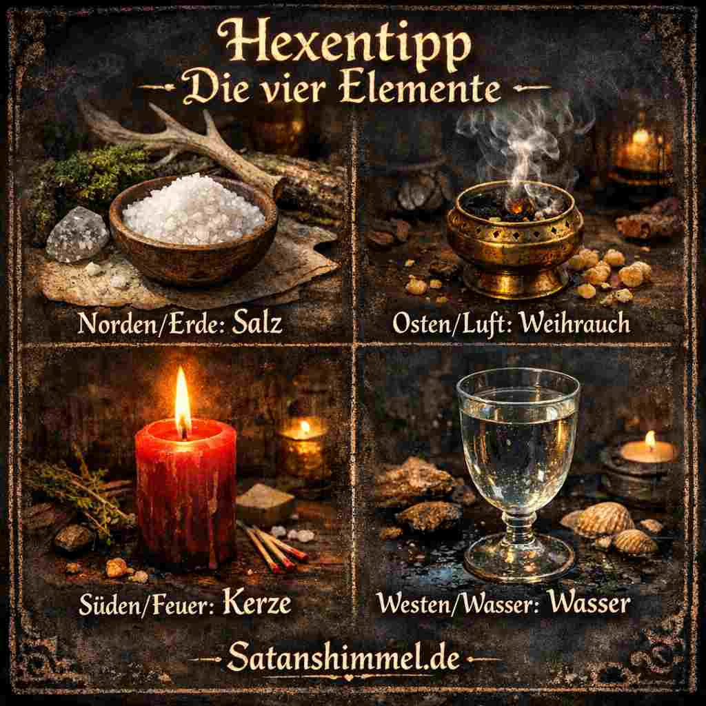 Die vier Elemente Erde, Luft, Feuer und Wasser bilden in der Hexerei die Grundlage vieler Rituale, da sie die Kräfte der Natur symbolisieren und zur Harmonisierung von Energie eingesetzt werden.