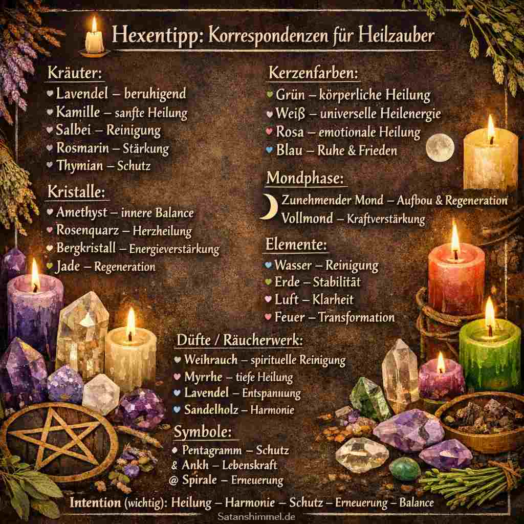 Bei einem Voodoo-Heilzauber kannst du passende Korrespondenzen wie weiße, blaue oder grüne Farben, Heilkräuter, Schutzsteine oder den zunehmenden Mond wählen, um die Energie von Heilung, Reinigung und Regeneration symbolisch zu verstärken.