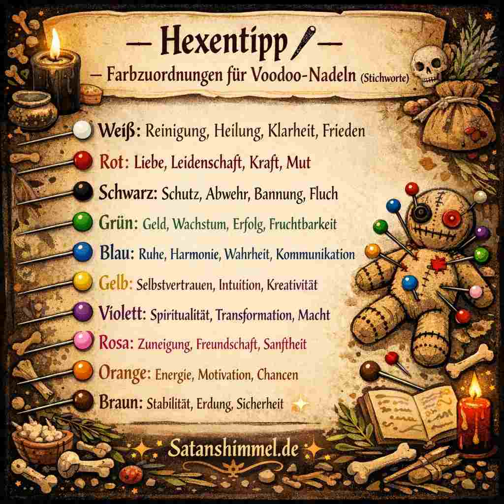 In Voodoo werden farbige Nadeln symbolisch eingesetzt, um unterschiedliche Absichten oder Energien – etwa Schutz, Liebe, Erfolg oder Heilung – im rituellen Kontext zu fokussieren.