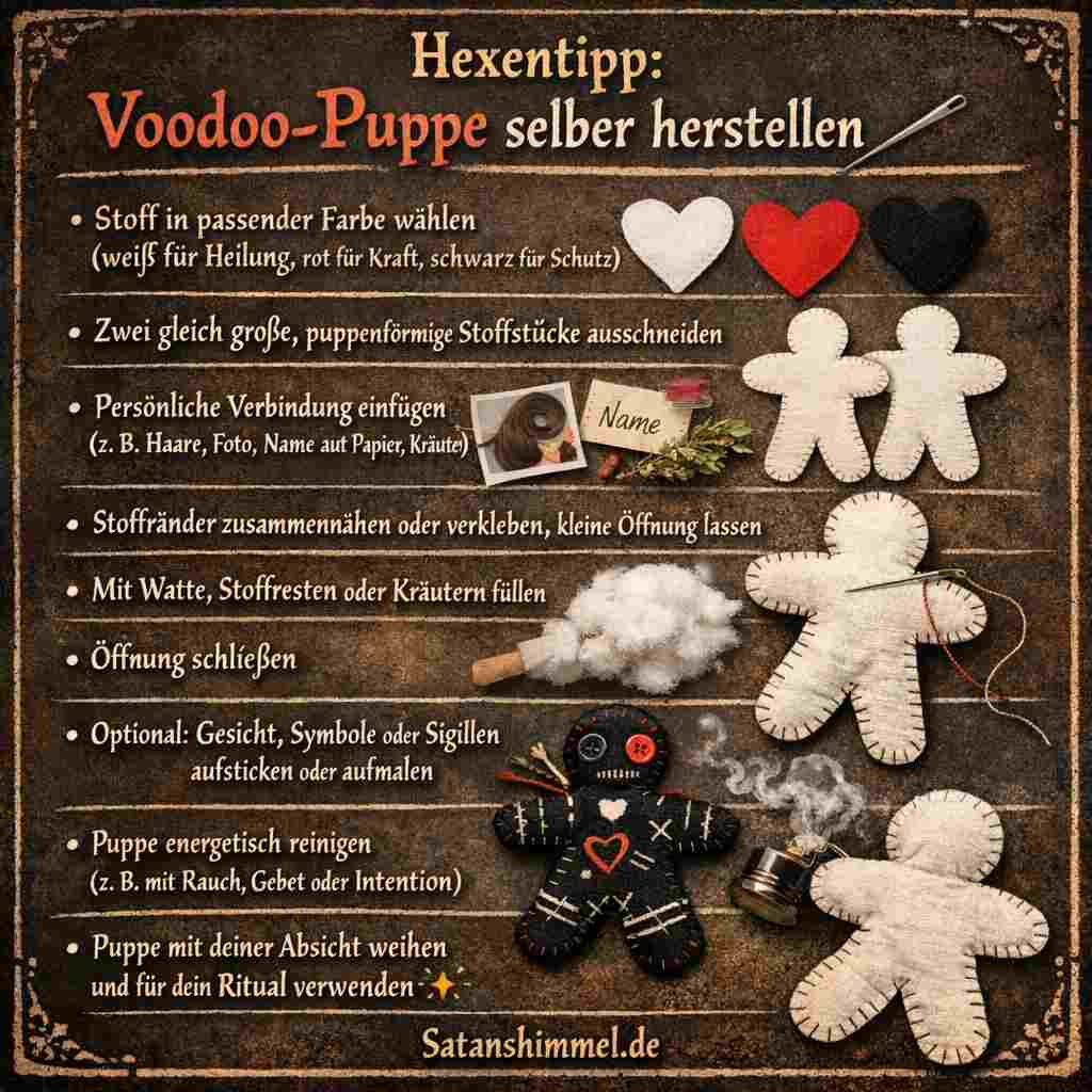 Eine Voodoo-Puppe wird hergestellt, indem zwei puppenförmige Stoffstücke zusammengenäht, mit Füllmaterial und persönlicher Verbindung gefüllt und anschließend mit einer bestimmten Absicht gestaltet oder geweiht werden.