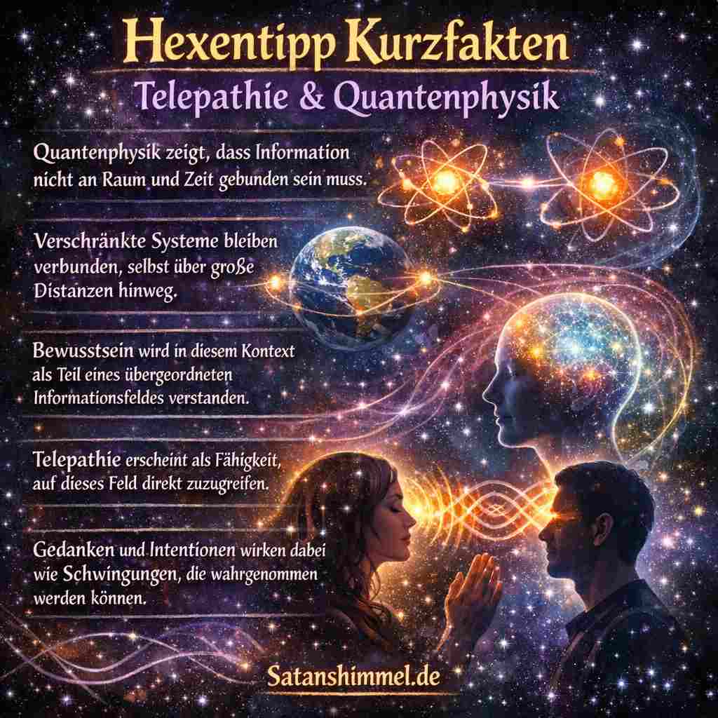 Telepathie wird im Zusammenhang mit Quantenphysik als möglicher Informationsaustausch verstanden, der jenseits von Raum und Zeit über ein gemeinsames Bewusstseinsfeld wirkt.