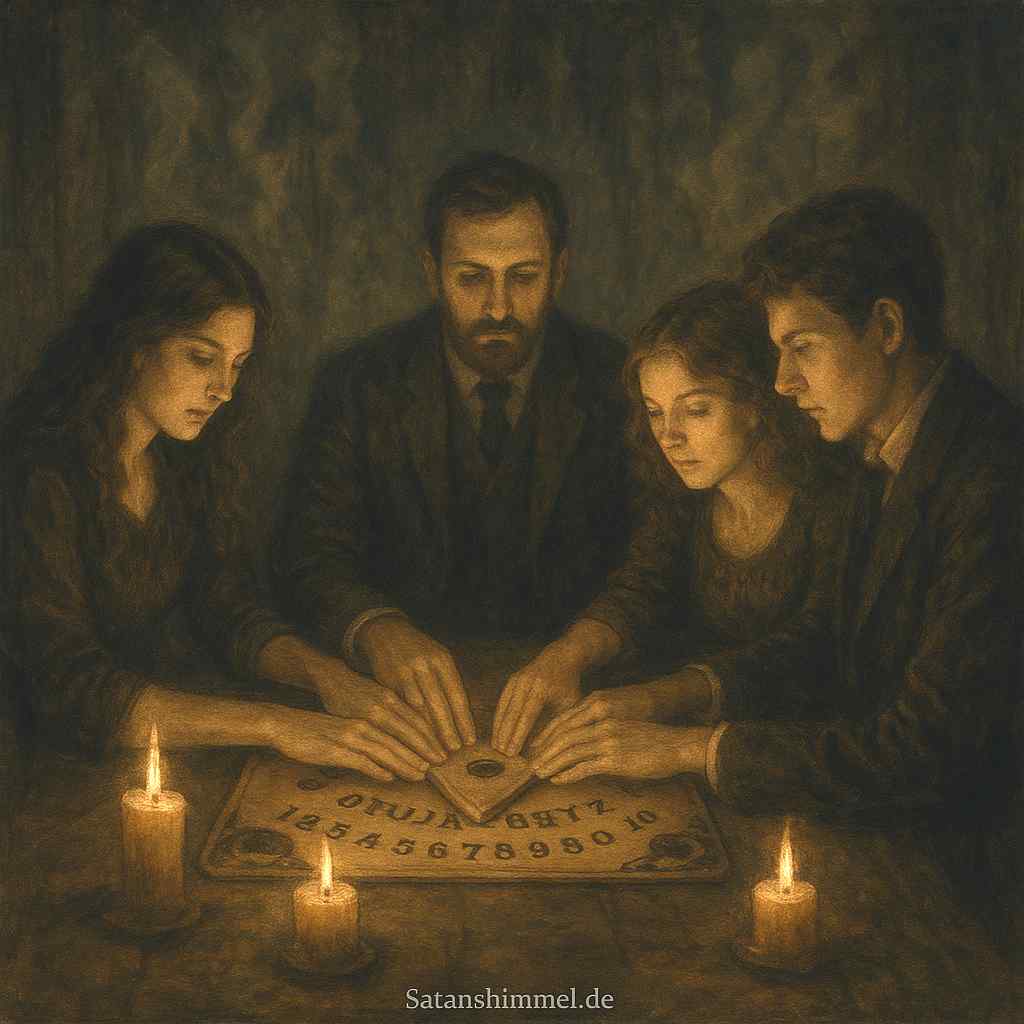 Beim Einsatz eines Ouija-Bretts legen die Teilnehmer ihre Finger auf den Zeiger, der sich scheinbar von selbst bewegt, um Botschaften von Geistern oder dem Unbewussten zu übermitteln.