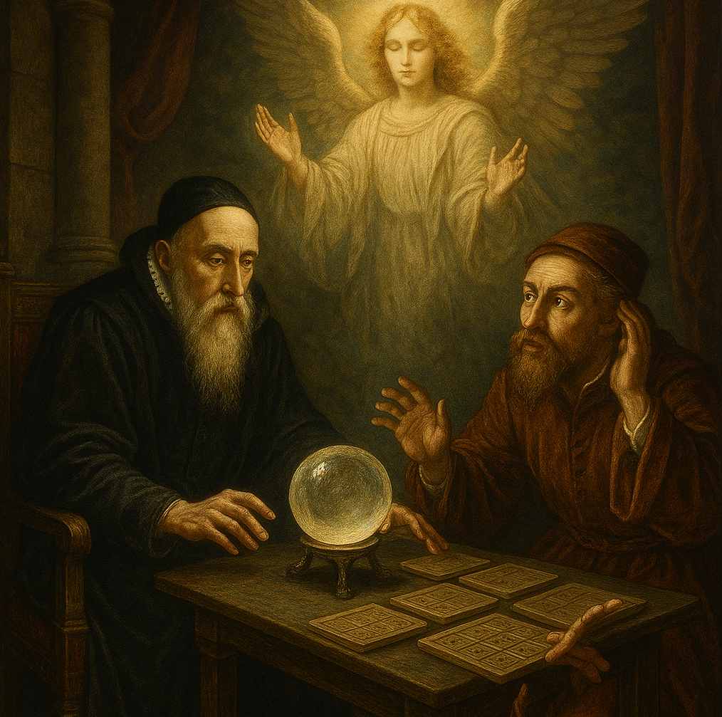 John Dee und Edward Kelley waren im 16. Jahrhundert ein berühmtes Okkultisten-Duo, das durch ihre Engelsbeschwörungen mit Kristallkugeln und Wachstafeln bekannt wurde.