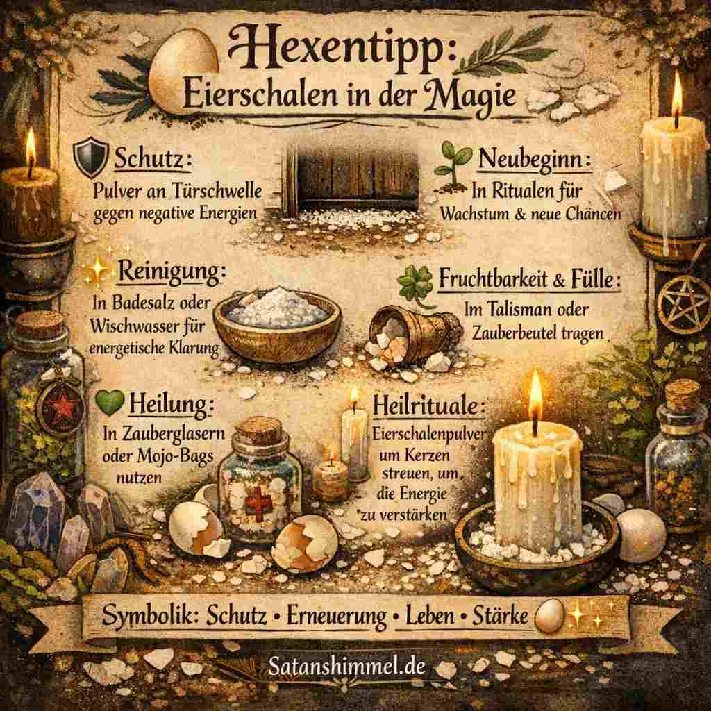 Das Ei symbolisiert in der Hexerei Leben, Schutz und Neubeginn, da seine Schale als kraftvoller energetischer Schutz und sein Inneres als Ursprung von Wachstum und Transformation gilt.