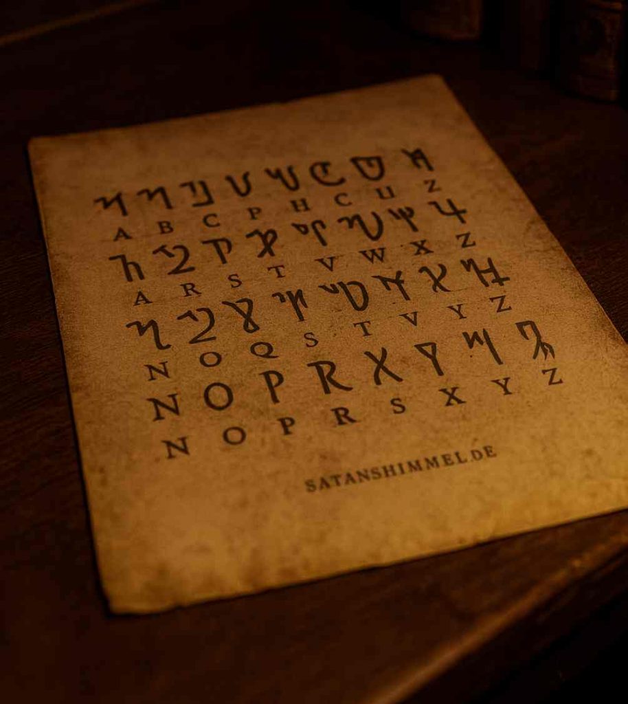 Das thebanische Alphabet wird oft Agrippa von Nettesheim zugeschrieben und gilt in der Hexerei als magische Geheimschrift zur Verschlüsselung von Zaubersprüchen und Ritualtexten.